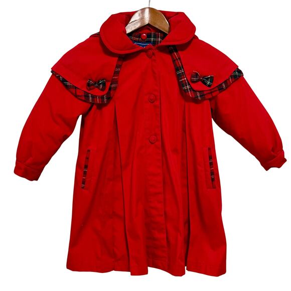 Vintage Rothschild 4T Red Coat Plaid Trim Bow Hooded Pleated Holiday